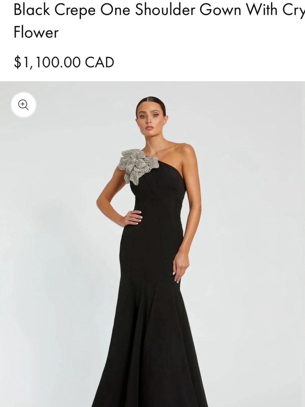Mac Duggal Black One-Shoulder Crepe Gown with Silver Crystal Flower
